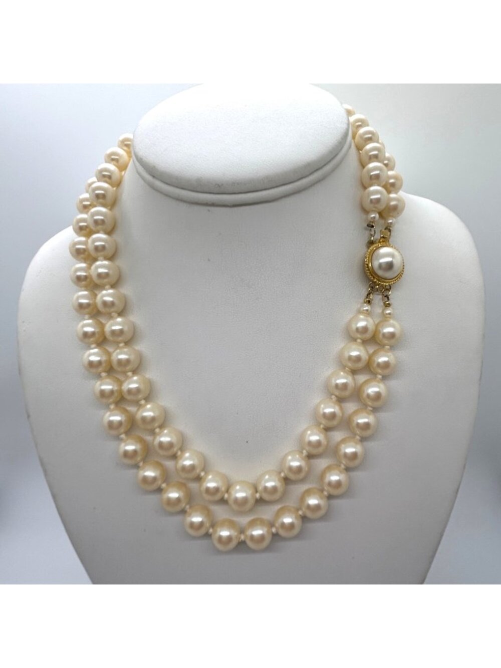 Vintage Double Strand Faux Pearl Necklace With Gold-Tone Clasp Wedding Prom